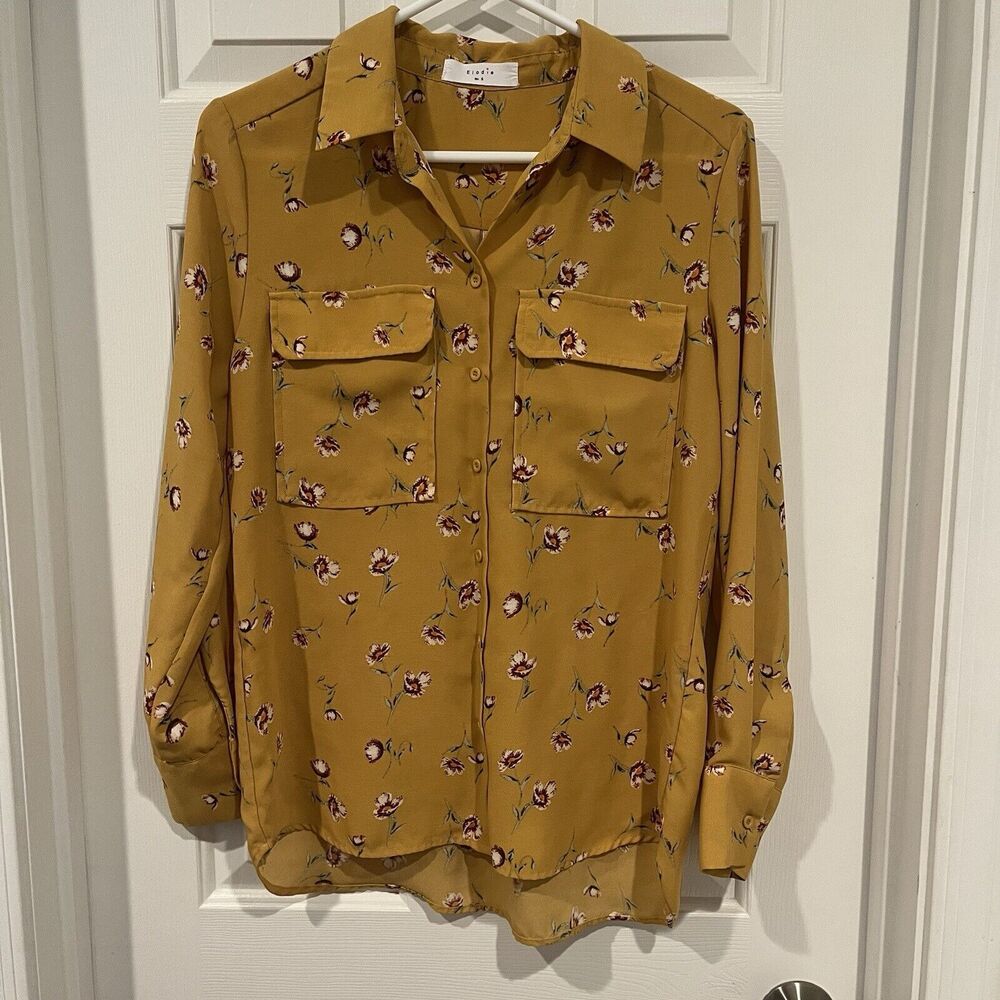Elodie by Anthropologie Womens Small Mustard/Yellow Button Down Blouse Floral